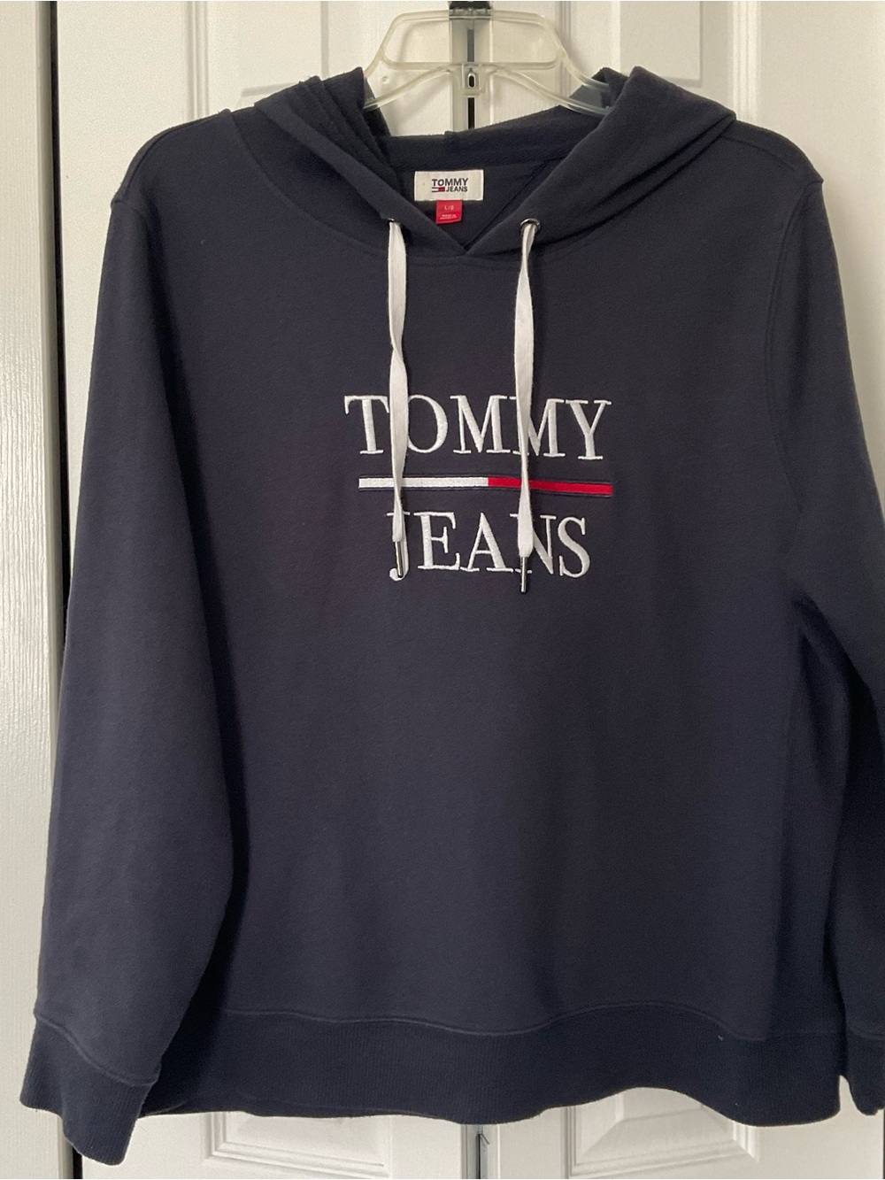 Tommy Hilfiger Jeans UNISEX Navy Spell Out Embroidered Logo Pullover Hoodie-L